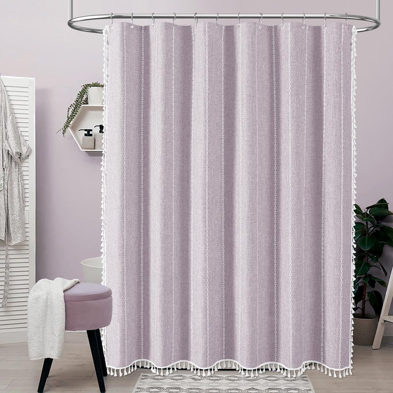 BTTN Boho Farmhouse Shower Curtain, Linen Rustic Weighted Striped Fabric with Tassel, Water Repellent, Modern Bohemian Vintage Country Cloth for Bathroom, Lavender, 72x72 - Image 2