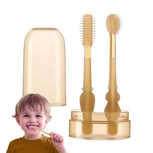 Tony Stark Baby Oral Cleaning Brush 2 In 1 Toothbrush Tongue Brush Bpa Free Soft Silicone Bristle Oral Care Toothbrush For Baby 6 Month To 24 Months With Storage Box - Brown - Image 1