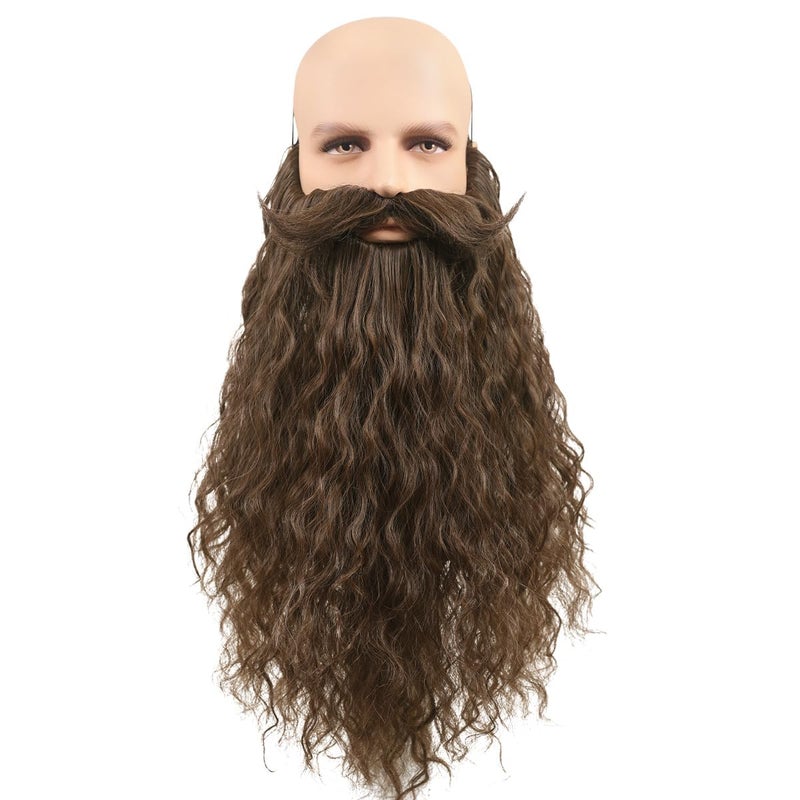 Honcloud 18 Inches Men's Long Curly Brown Synthetic Pre - styled Realistic Fake Beard for Wizard Costume and Halloween Party (Brown) - Image 1