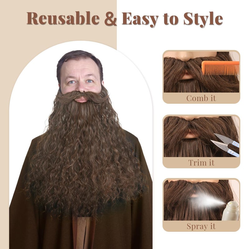 Honcloud 18 Inches Men's Long Curly Brown Synthetic Pre - styled Realistic Fake Beard for Wizard Costume and Halloween Party (Brown) - Image 4
