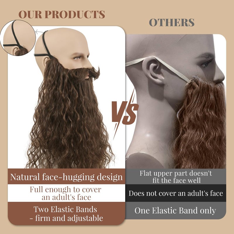 Honcloud 18 Inches Men's Long Curly Brown Synthetic Pre - styled Realistic Fake Beard for Wizard Costume and Halloween Party (Brown) - Image 5