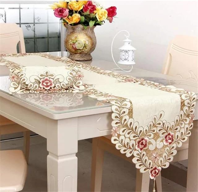 MONKDECOR Satin Embroidery Floral Design Dining Table Runner (Size-15x70 Inches) Design-03 - Image 1