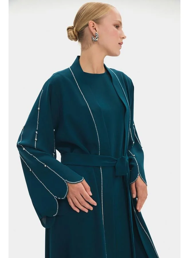 JUNE June Women Stoned Waist Tie Detailed Abaya Teal