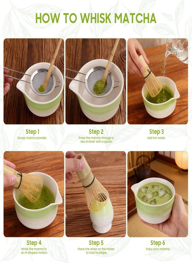 TURIMON Matcha Whisk Set with Ceramic Matcha Bowl, Stainless Steel Sifter, Bamboo Scoop, Whisk Holder & Bamboo Whisk - 5-Piece Matcha Set for Matcha Tea Lovers (Gradient Green) - Image 4