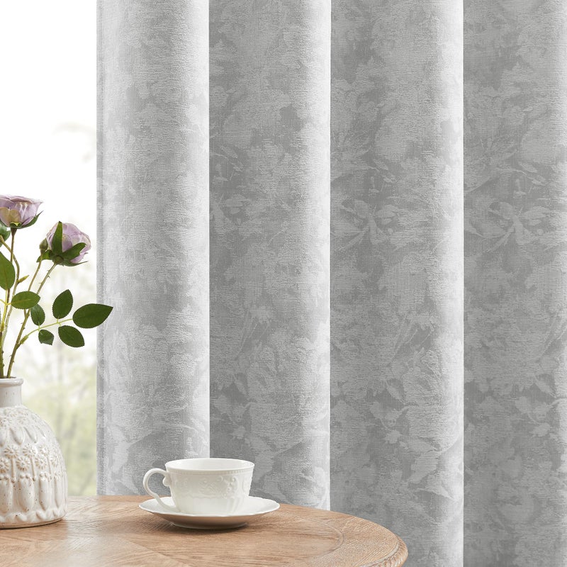 Beauoop Grey Floral Jacquard Blackout Curtains 84 Inches Long 2 Panels for Bedroom Living Room Gray Flower Chenille Room Darkening Thermal Insulated Soundproof Grommet Window Treatments Drapes, 52x84 - Image 1