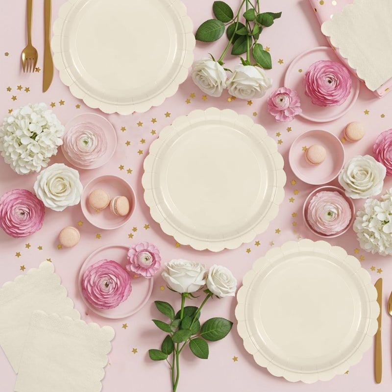Oigco 50 Pcs Ivory Plates and Napkins Party Supplies - Disposable Scalloped Paper Plates & Napkins for Baby Shower, Wedding, Birthday Party Decorations, Serves 25 - Image 5