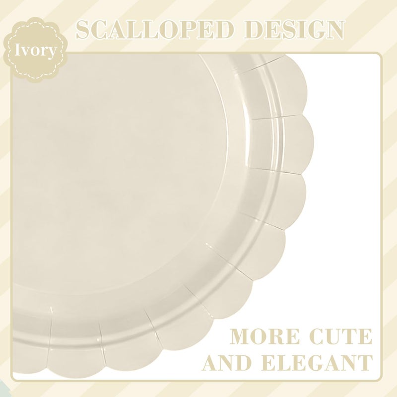 Oigco 50 Pcs Ivory Plates and Napkins Party Supplies - Disposable Scalloped Paper Plates & Napkins for Baby Shower, Wedding, Birthday Party Decorations, Serves 25 - Image 3