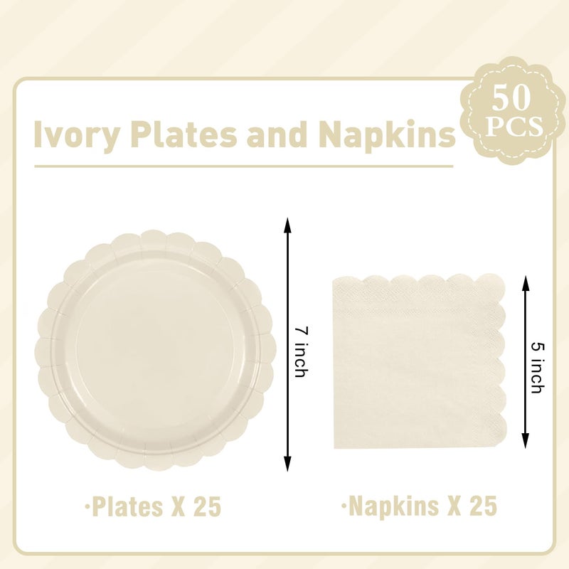 Oigco 50 Pcs Ivory Plates and Napkins Party Supplies - Disposable Scalloped Paper Plates & Napkins for Baby Shower, Wedding, Birthday Party Decorations, Serves 25 - Image 2