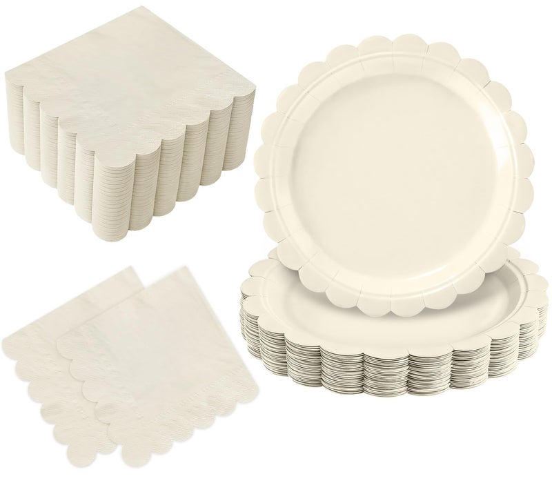 Oigco 50 Pcs Ivory Plates and Napkins Party Supplies - Disposable Scalloped Paper Plates & Napkins for Baby Shower, Wedding, Birthday Party Decorations, Serves 25 - Image 1