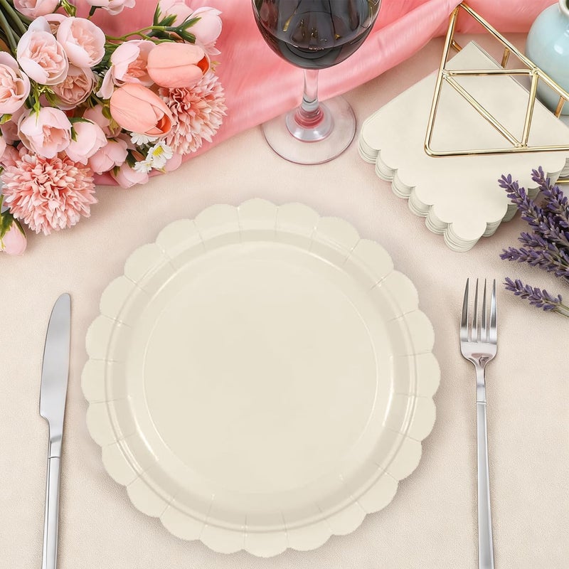Oigco 50 Pcs Ivory Plates and Napkins Party Supplies - Disposable Scalloped Paper Plates & Napkins for Baby Shower, Wedding, Birthday Party Decorations, Serves 25 - Image 4