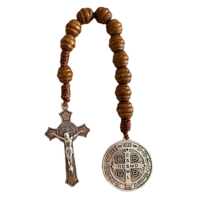 SAINT BENEDICT MEDAL PRAYER POCKET ROSARY CATHOLIC BROWN WOOD BEADS WITH MEDALLA DE SAN BENITOL AND CRUCIFIX 9 INCHSILVER