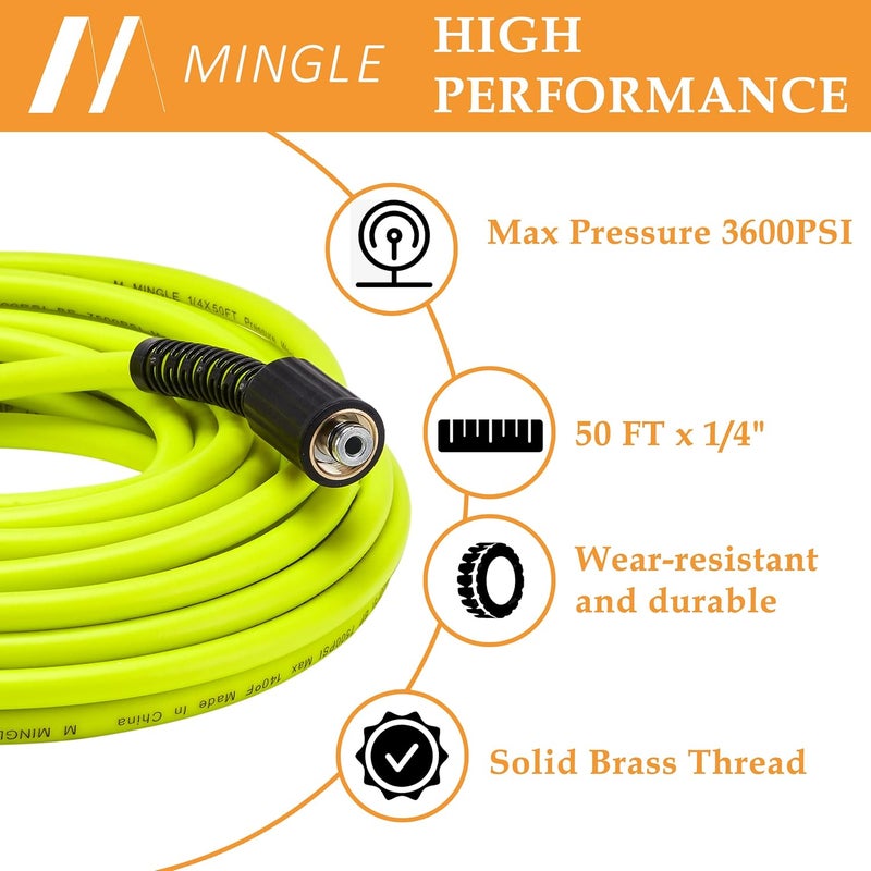 M MINGLE خرطوم غسيل بالضغط من M MINGLE، طوله 50 قدمًا وقطره 1/4 بوصة - خرطوم بديل لغسيل السيارات بالضغط مزود بمجموعات محولات توصيل سريعة من الفولاذ المقاوم للصدأ من نوع M22 بقطر 14 مم - ضغط عمل يصل إلى 3600 PSI - Image 2