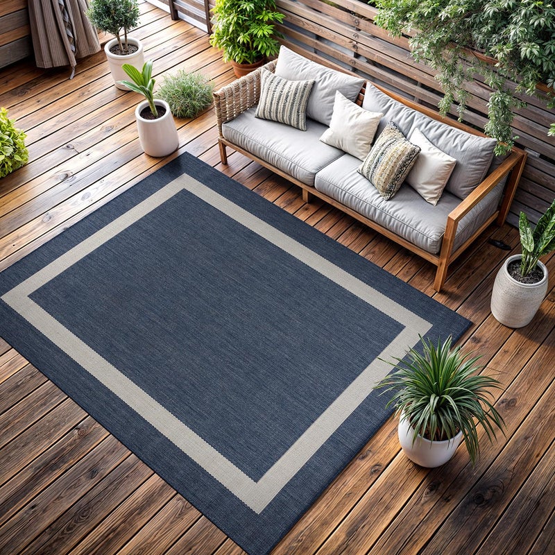 CAMILSON Outdoor Rug 5x7 Modern Outside Rugs for Patios Porches Waterproof Durable Washable NonShedding EasytoClean Indoor Outdoor Area Carpet 5 x 7 Bordered BlueWhite
