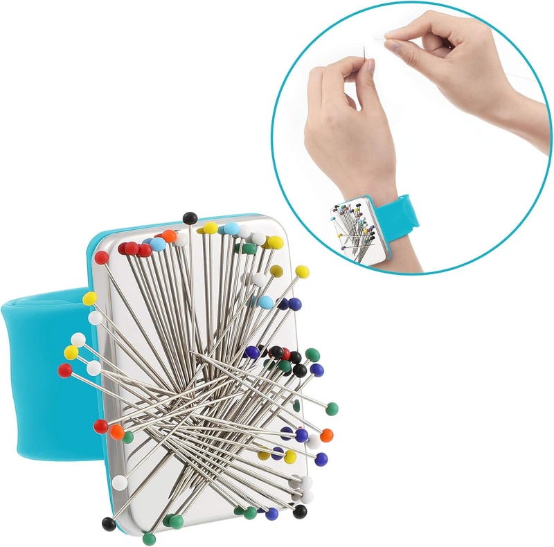 WILLBOND Magnetic Wrist Sewing Pincushion with 100 Pieces 1.5 Inch Ball Head Sewing Pins Set Wrist Magnetic Pin Holder Gift Supplies(Blue) - Image 3