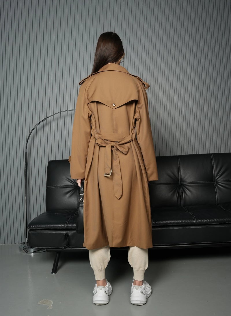 Andy Stylish Double-Breasted Trench Coat with Belted Waist and Shoulder Epaulettes - Modern and Sophisticated | Brown - Image 3