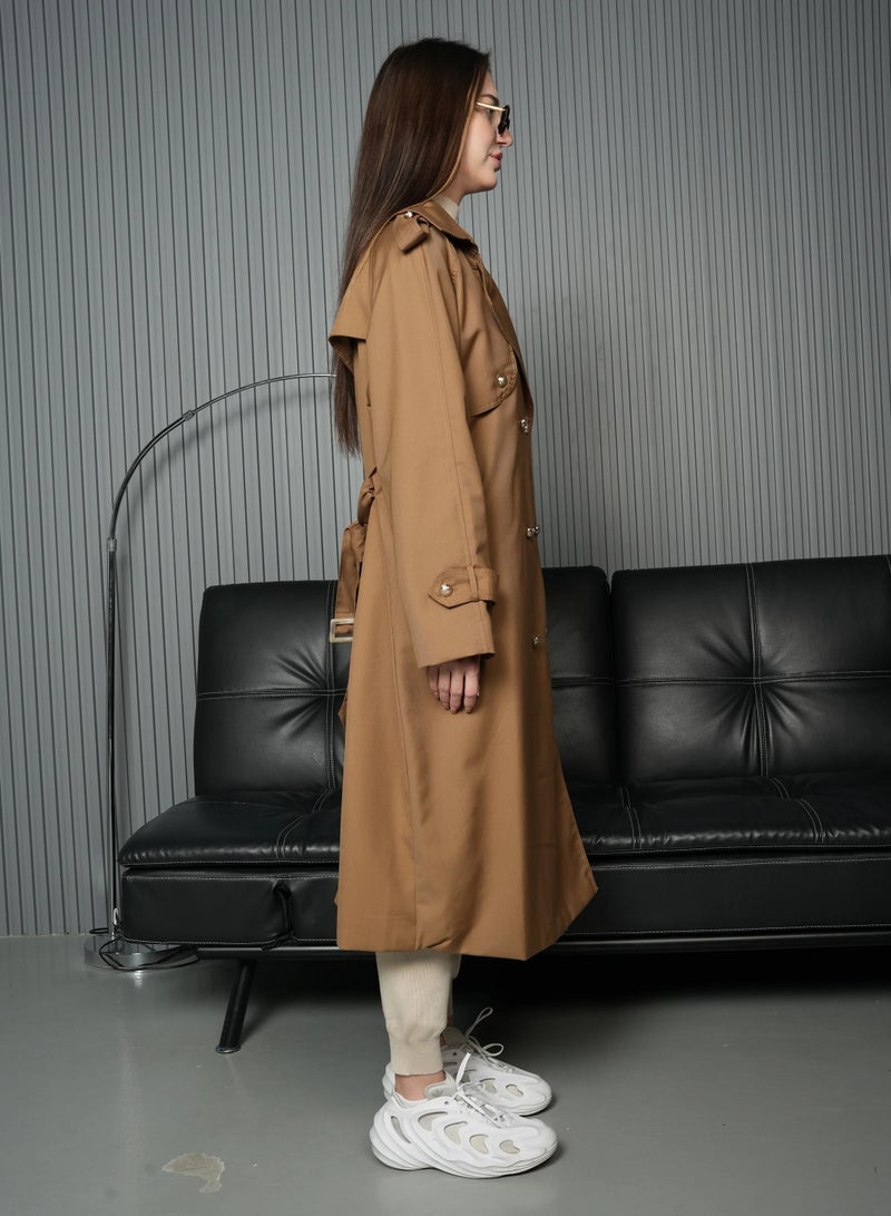 Andy Stylish Double-Breasted Trench Coat with Belted Waist and Shoulder Epaulettes - Modern and Sophisticated | Brown - Image 2