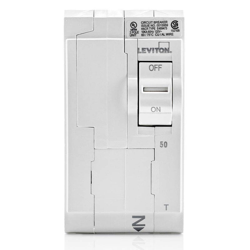 Leviton 50A 2-Pole Plug-On Standard Branch Circuit Breaker, Thermal Magnetic, 120/240 VAC, LB250-T, White - Image 2