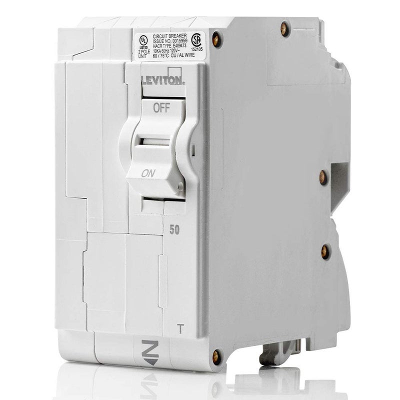 Leviton 50A 2-Pole Plug-On Standard Branch Circuit Breaker, Thermal Magnetic, 120/240 VAC, LB250-T, White - Image 1