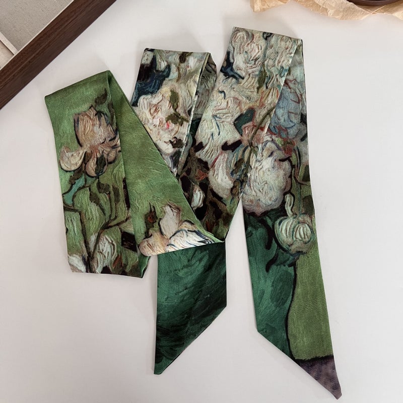 Generic High-grade oil painting small silk scarf hair band womens national style thin narrow long hair band tie hair ribbon tie bag silk scarf headdress 3# White Rose