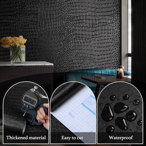 Micpolo Peel and Stick Wallpaper Black Crocodile Wall Paper Modern Textured Self-Adhesive Removable Contact Paper Thicken Waterproof Easy to Clean Decorative for Bedroom Bathroom Film 118 "x15.75 - Image 3