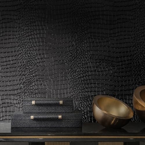 Micpolo Peel and Stick Wallpaper Black Crocodile Wall Paper Modern Textured Self-Adhesive Removable Contact Paper Thicken Waterproof Easy to Clean Decorative for Bedroom Bathroom Film 118 "x15.75 - Image 1
