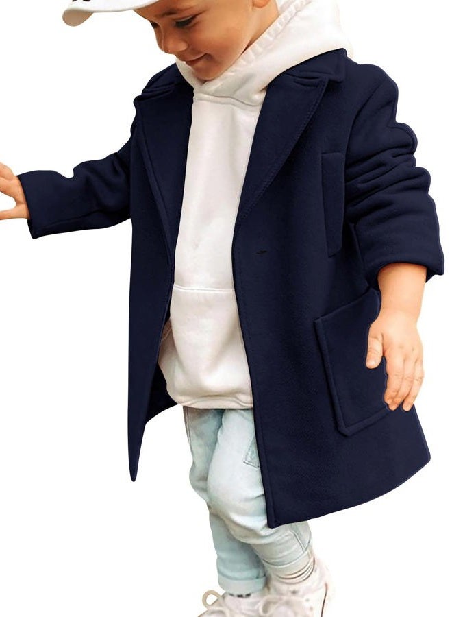 Gafeng Kids Toddler Boys Wool Blend Trench Coat Long Sleeve Mid Length Pea Overcoat Outerwear, Navy Blue, 6-8 Years - Image 2