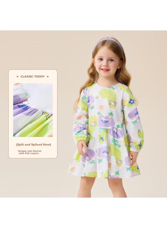 Classic Teddy Girls' Dress Children's Spring Long Sleeve Cotton Floral Dress Purple Green Size 90 - Image 3