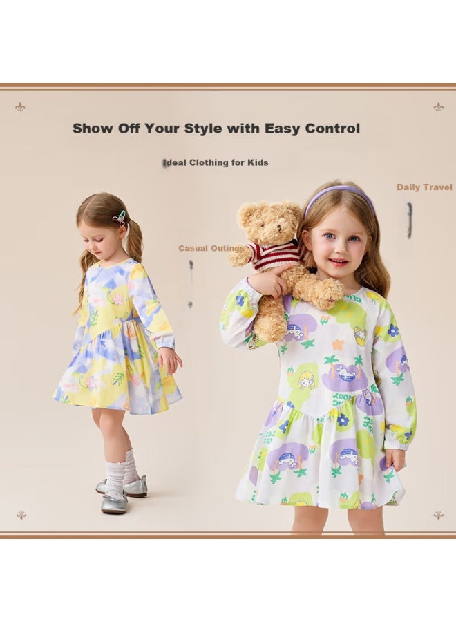 Classic Teddy Girls' Dress Children's Spring Long Sleeve Cotton Floral Dress Purple Green Size 90 - Image 4