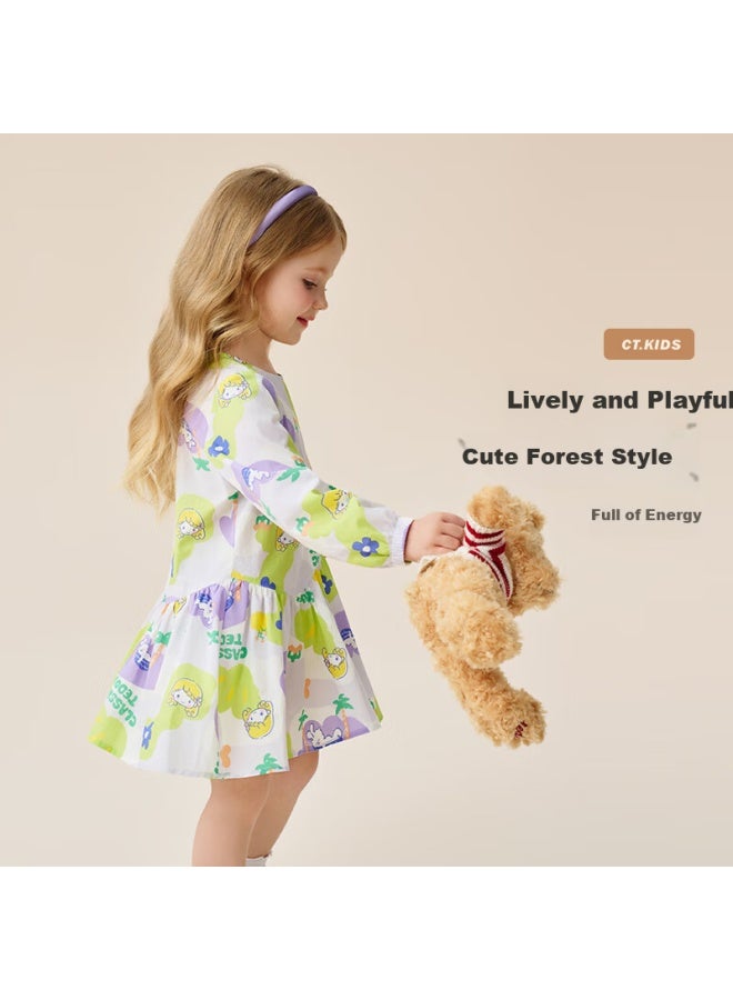 Classic Teddy Girls' Dress Children's Spring Long Sleeve Cotton Floral Dress Purple Green Size 90 - Image 2
