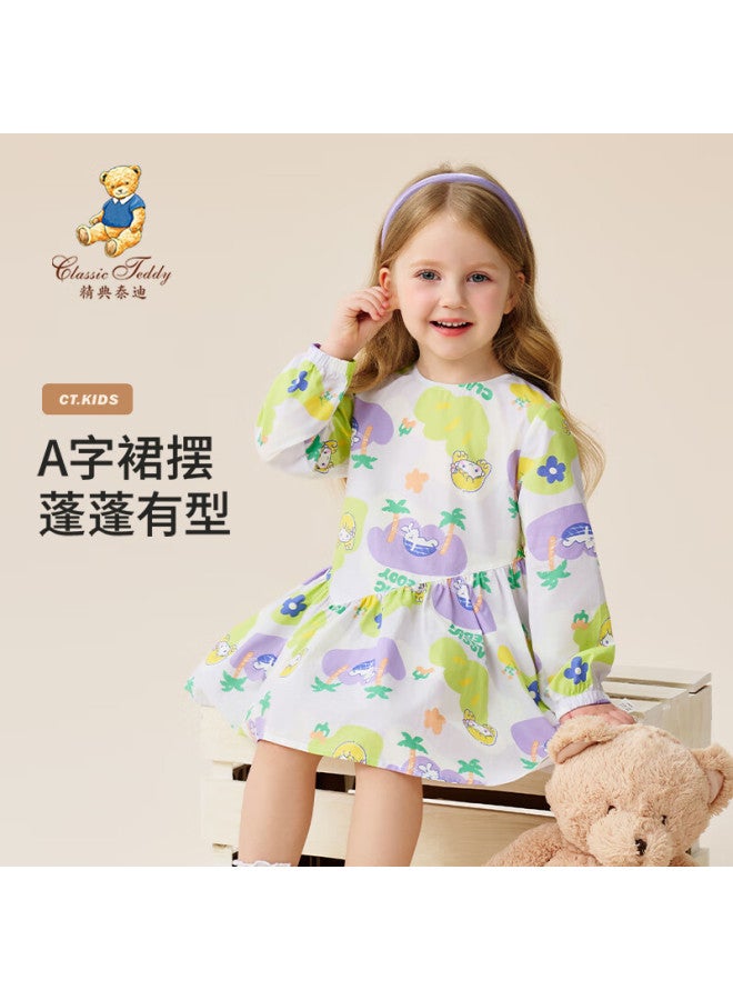 Classic Teddy Girls' Dress Children's Spring Long Sleeve Cotton Floral Dress Purple Green Size 90 - Image 1