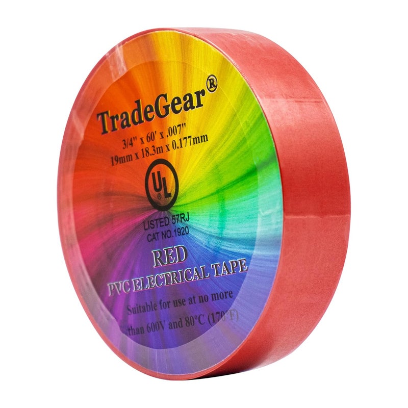 TradeGear Colored Electrical Tape - PVC General Purpose - Waterproof, Flame Retardant, Rubber Based Adhesive, UL Listed - Rated for Max. 600V and 80oC Use – 60’ x 3/4" x 0.07" (1 Pk Red) - Image 4