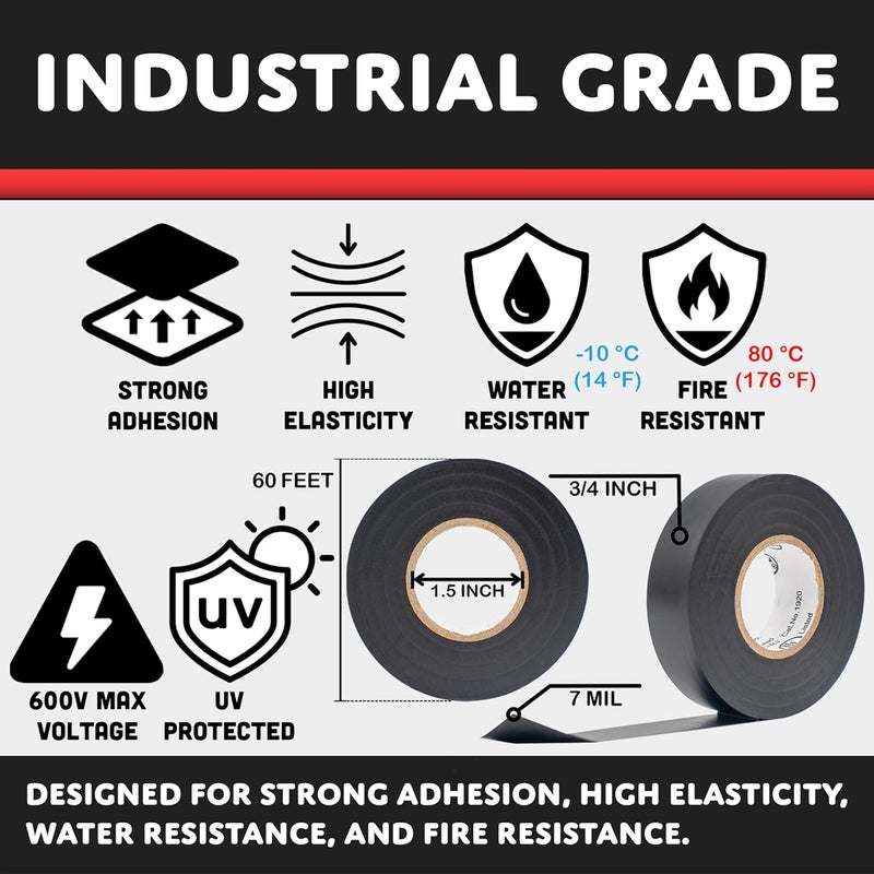TradeGear Colored Electrical Tape - PVC General Purpose - Waterproof, Flame Retardant, Rubber Based Adhesive, UL Listed - Rated for Max. 600V and 80oC Use – 60’ x 3/4" x 0.07" (1 Pk Red) - Image 2
