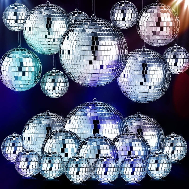 MTLEE 20 Pcs Disco Balls Decoration Mirror Disco Ball Assorted Silver Mini Glass Different Sizes Reflective with Rope for 70s Wedding Dance Music6 4 3 2 2 Inch
