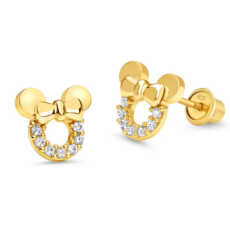 Lovearing 14k Gold Plated Brass Mouse Cubic Zirconia Screwback Baby Girls Earrings with Sterling Silver Post - Image 1