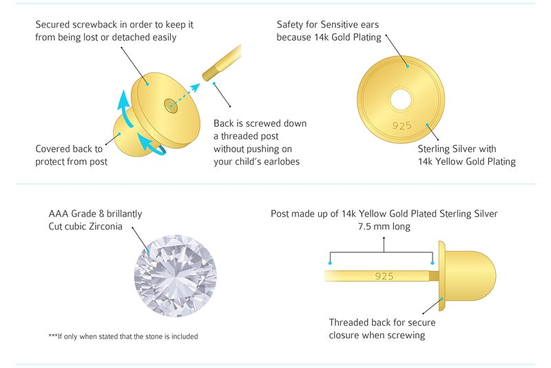 Lovearing 14k Gold Plated Brass Mouse Cubic Zirconia Screwback Baby Girls Earrings with Sterling Silver Post - Image 4