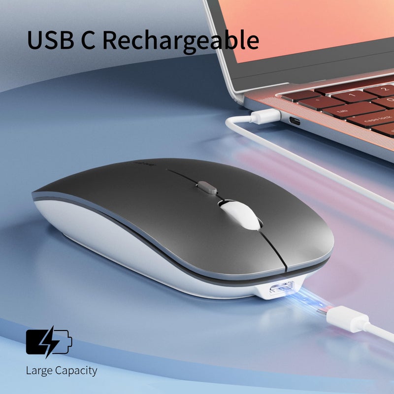 Uciefy Q5 Slim Rechargeable Wireless Mouse, 2.4G Portable Optical Silent Ultra Thin Wireless Computer Mouse with USB Receiver and Type C Adapter, Compatible with PC, Laptop, Notebook, Desktop (Grey) - Image 3