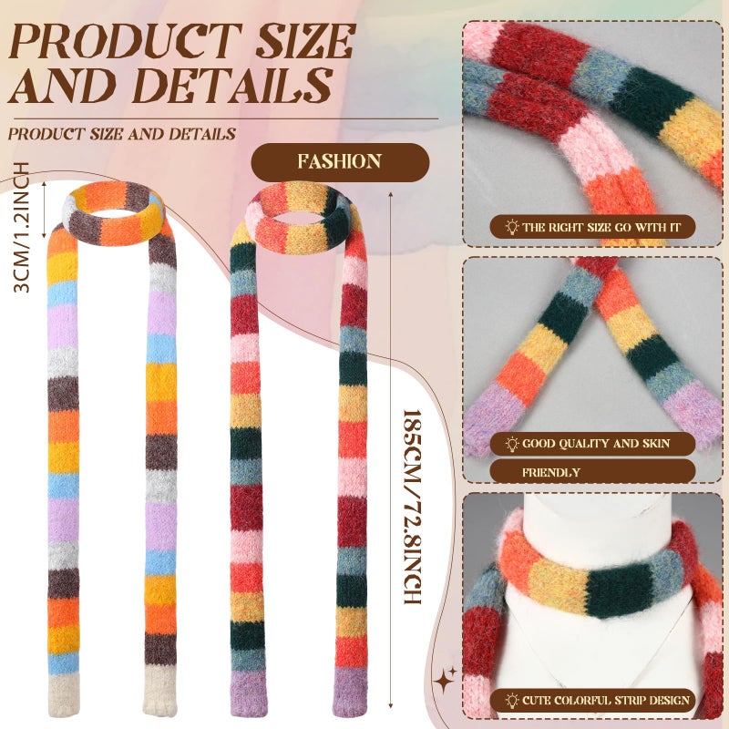 Chicingyou 2 Pcs Y2k Striped Scarf for Women Long Skinny Scarf Fuzzy Fluffy Neckerchief Colorful Rainbow Knit Thin Scarves Accessories for Fall Winter Christmas Gift (Classic Color) - Image 2