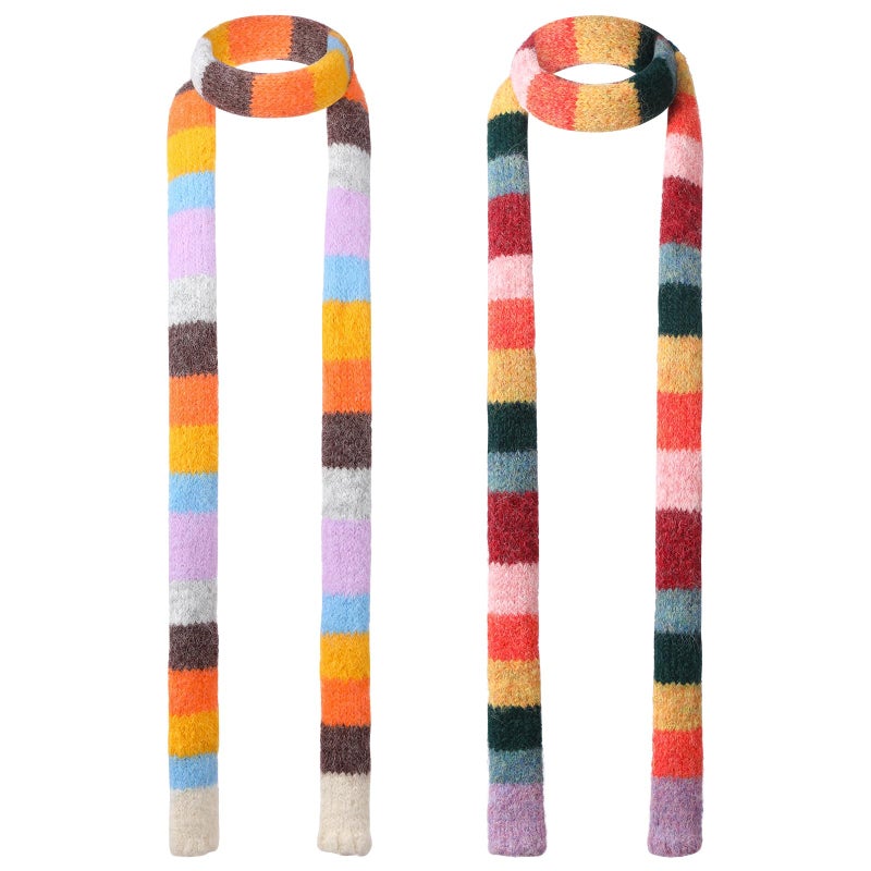 Chicingyou 2 Pcs Y2k Striped Scarf for Women Long Skinny Scarf Fuzzy Fluffy Neckerchief Colorful Rainbow Knit Thin Scarves Accessories for Fall Winter Christmas Gift (Classic Color) - Image 1