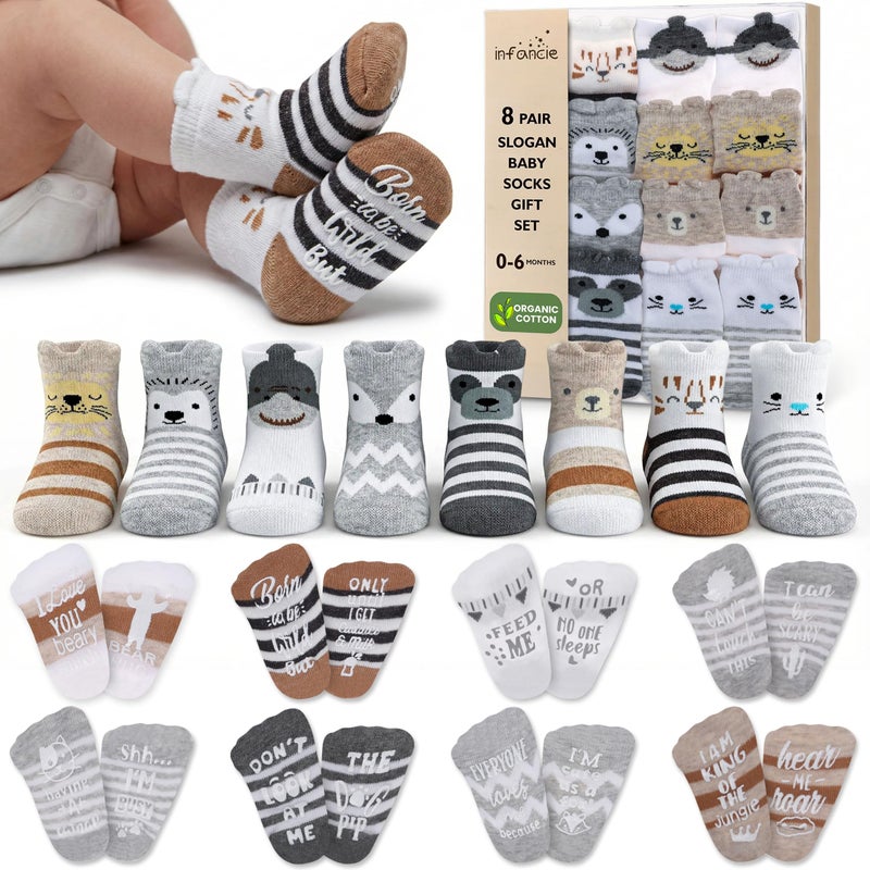 infancie Organic Cotton 8 Pair Baby Socks 0â€“6 Months - Newborn Socks with Gripper - Safe Walking Non-Slip Sole, Perfect Baby Gift and Registry - Baby Socks for Boys and Girls, Newborn Essentials - Image 1