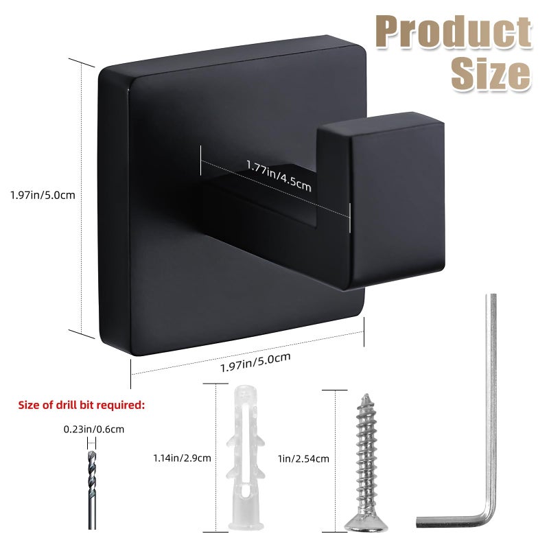 Fenas Towel Hooks for Bathrooms Robe Hook Coat Hook 4 Pack Matte Black Stainless Steel Heavy Duty Wall Mounted Square Hooks for Bathroom Kitchen Bedroom - Image 5