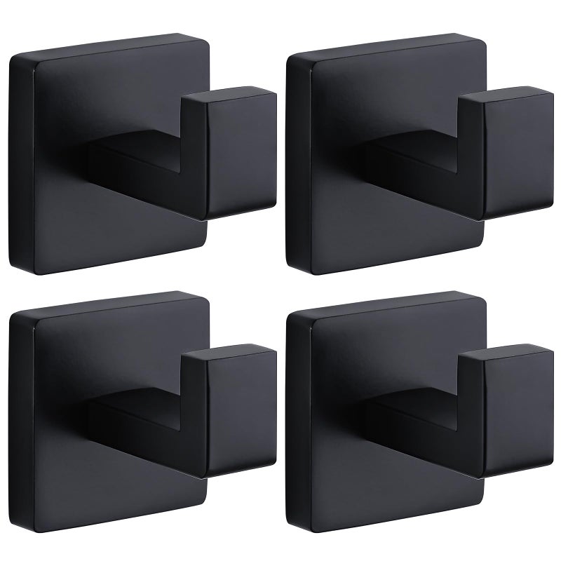 Fenas Towel Hooks for Bathrooms Robe Hook Coat Hook 4 Pack Matte Black Stainless Steel Heavy Duty Wall Mounted Square Hooks for Bathroom Kitchen Bedroom - Image 1