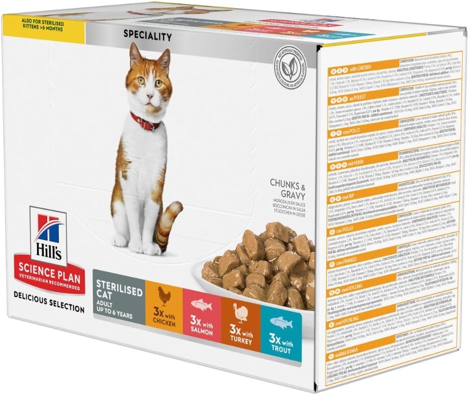 Hill's Hill’s Science Plan Sterilised Adult Cat Wet Food Multipack - 12 Pouches of Chicken, Salmon, Turkey and Trout in Gravy - 85g Each