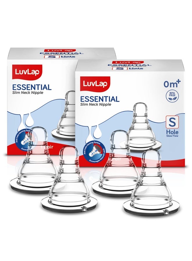 Luvlap Anti-Colic Essential Teat/Nipple for Slim Neck Bottle,4pcs Slow Flow, 0m+, Made of Soft & Flexible Silicone, Ergonomic Shape, Mimics Breastfeeding, Leak Proof, BPA Free, Comes with Sturdy Base - Image 1