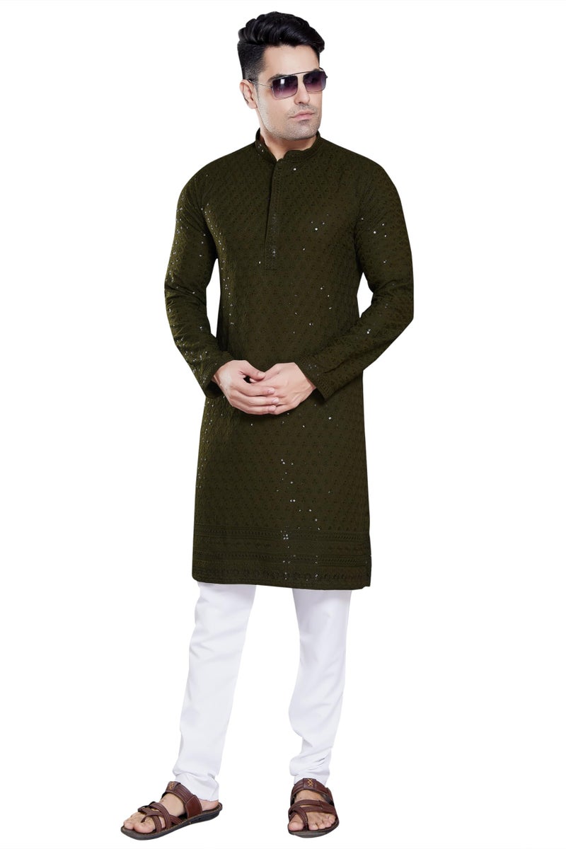 DIVISIVE Men's Sequince Embroidered Cotton Blend Slim Fit Kurta Pyjama Set (DKRT150_M_Mehendi Green) - Image 1