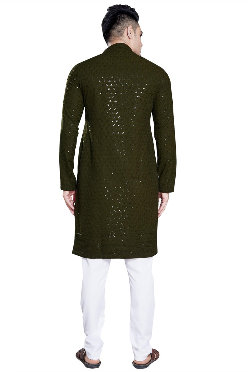 DIVISIVE Men's Sequince Embroidered Cotton Blend Slim Fit Kurta Pyjama Set (DKRT150_M_Mehendi Green) - Image 4