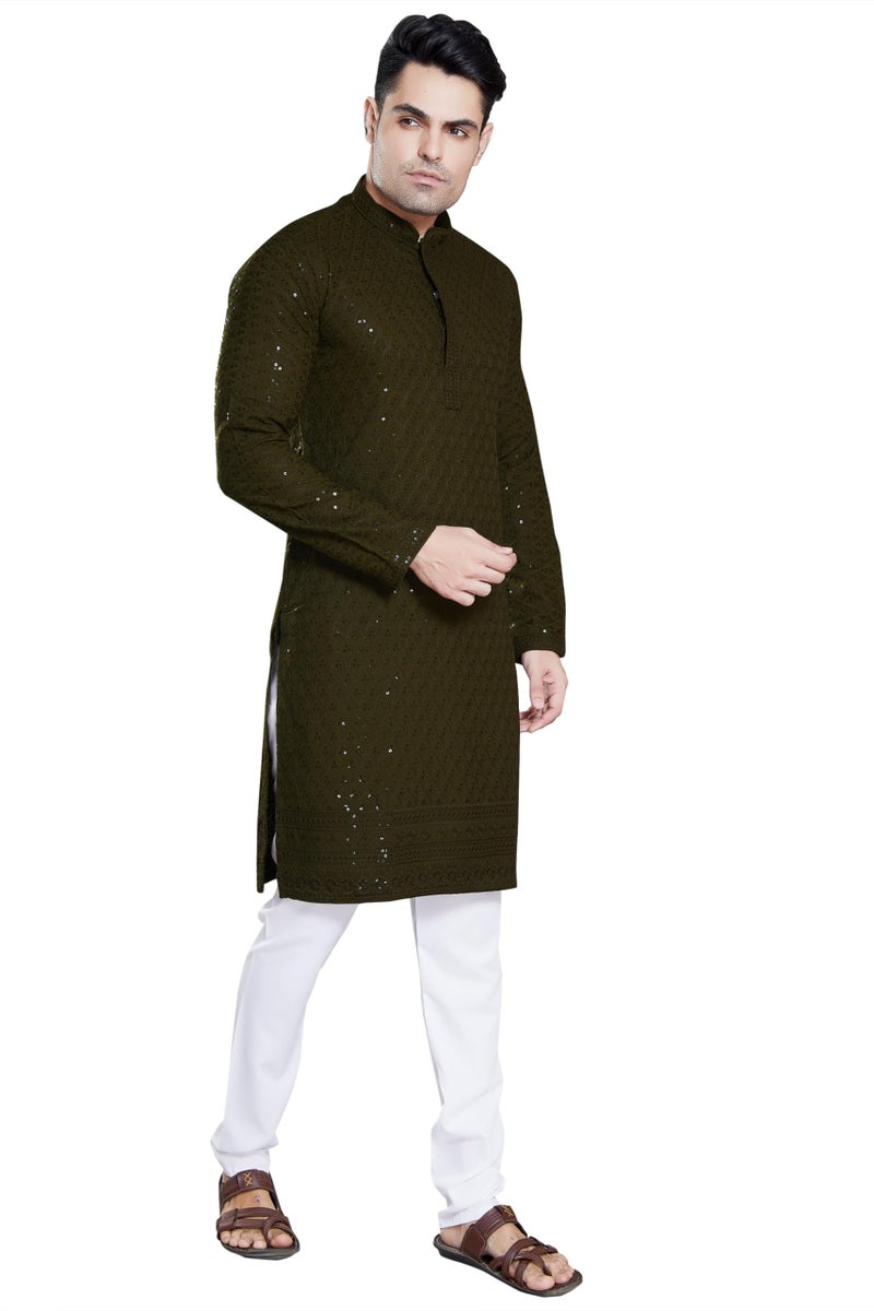 DIVISIVE Men's Sequince Embroidered Cotton Blend Slim Fit Kurta Pyjama Set (DKRT150_M_Mehendi Green) - Image 2