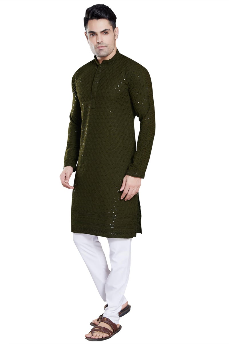 DIVISIVE Men's Sequince Embroidered Cotton Blend Slim Fit Kurta Pyjama Set (DKRT150_M_Mehendi Green) - Image 3