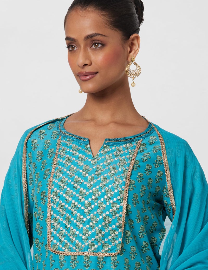 Biba Cotton Blend Women Printed Straight Salwar Kurta Dupatta(Skdassorted7631E_Turquoise_32) - Image 4