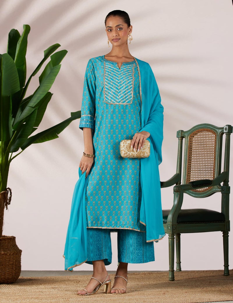 Biba Cotton Blend Women Printed Straight Salwar Kurta Dupatta(Skdassorted7631E_Turquoise_32) - Image 2