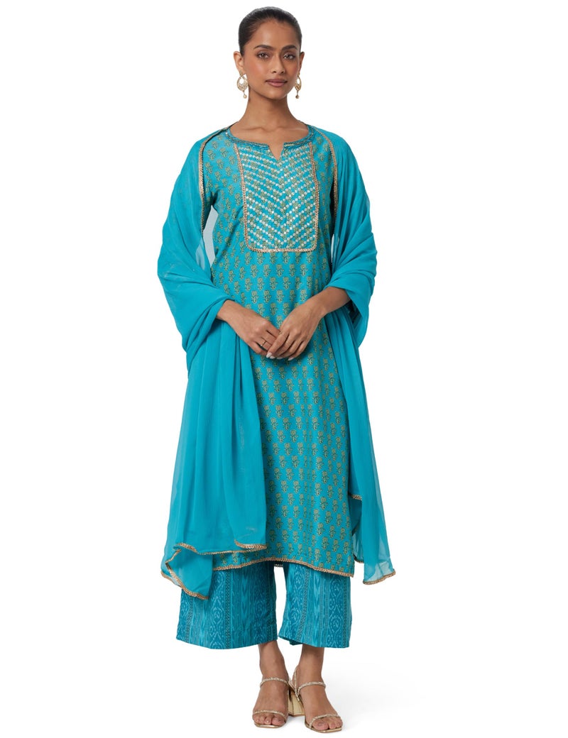 Biba Cotton Blend Women Printed Straight Salwar Kurta Dupatta(Skdassorted7631E_Turquoise_32) - Image 1